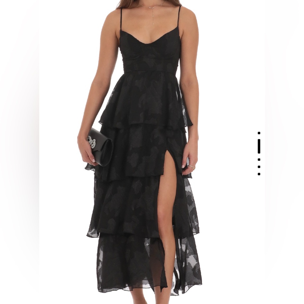 Lucy in the Sky: Floral Rutfle A-line Maxi Dress in Black - Size Small